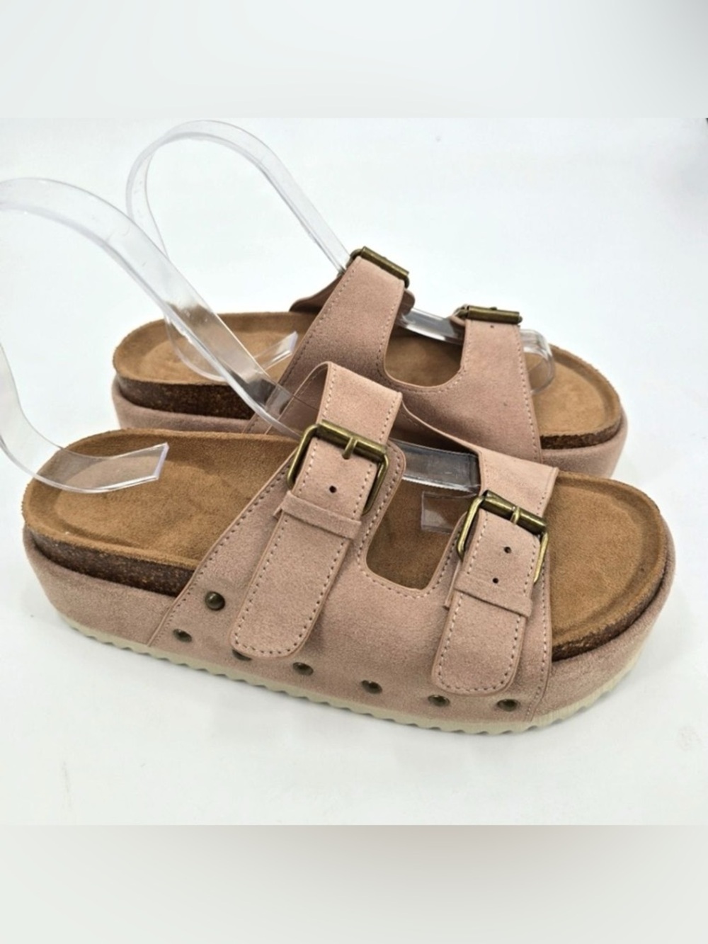 Pink Suede Double-Buckle Platform Sandals